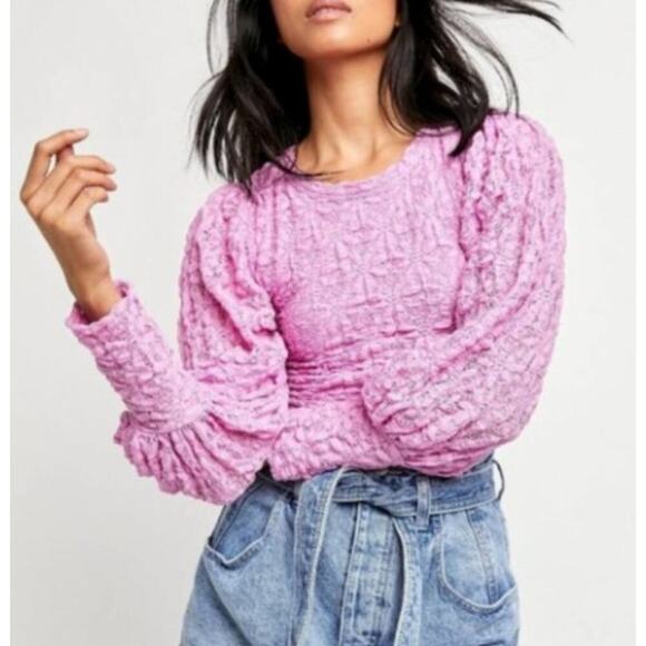 Free People XS Tea Time Top Pink Puff Sleeve Crinkle Blouse Y2K Style Barbiecore - Picture 1 of 9